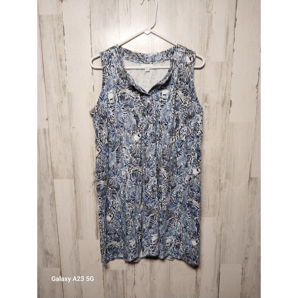 J Jill Large Petite Sleeveless Blue Dress Beach Sea Horse Coral Coast Print